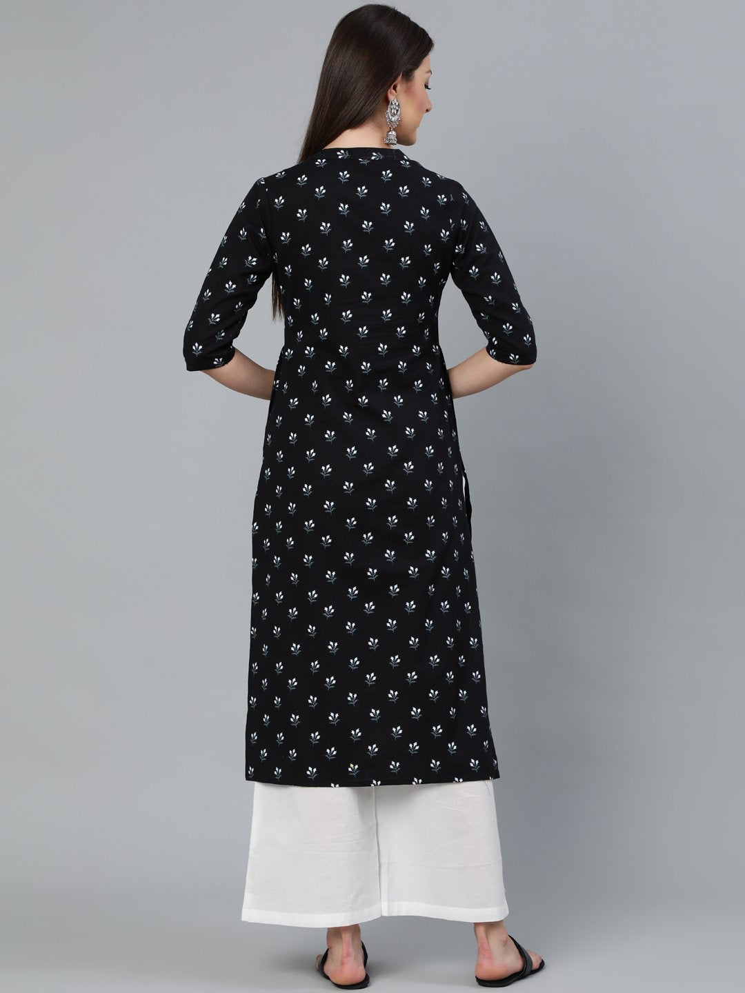 Women Black Floral Printed Straight Kurta With Three Quarter Sleeves | LASVINI - Redefining Indian Fashion with Elegance