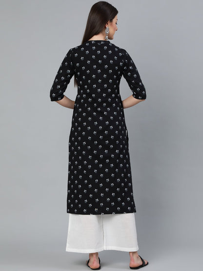 Women Black Floral Printed Straight Kurta With Three Quarter Sleeves | LASVINI - Redefining Indian Fashion with Elegance