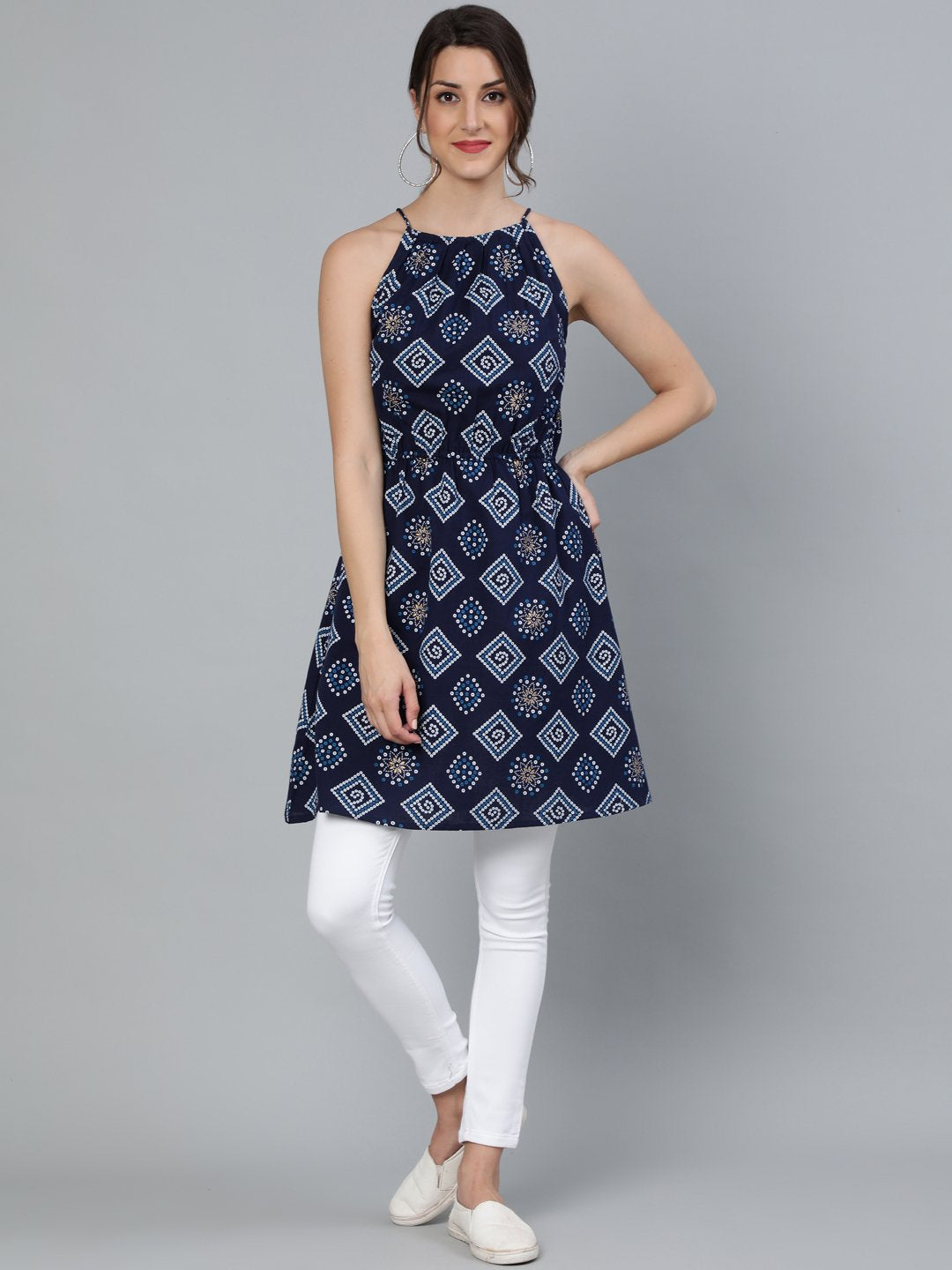 Women Navy Blue Bandhani Printed Halter Neck Short Kurti | LASVINI - Redefining Indian Fashion with Elegance