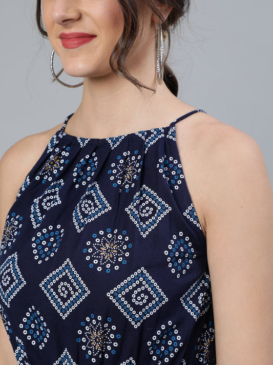 Women Navy Blue Bandhani Printed Halter Neck Short Kurti | LASVINI - Redefining Indian Fashion with Elegance
