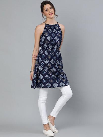 Women Navy Blue Bandhani Printed Halter Neck Short Kurti | LASVINI - Redefining Indian Fashion with Elegance
