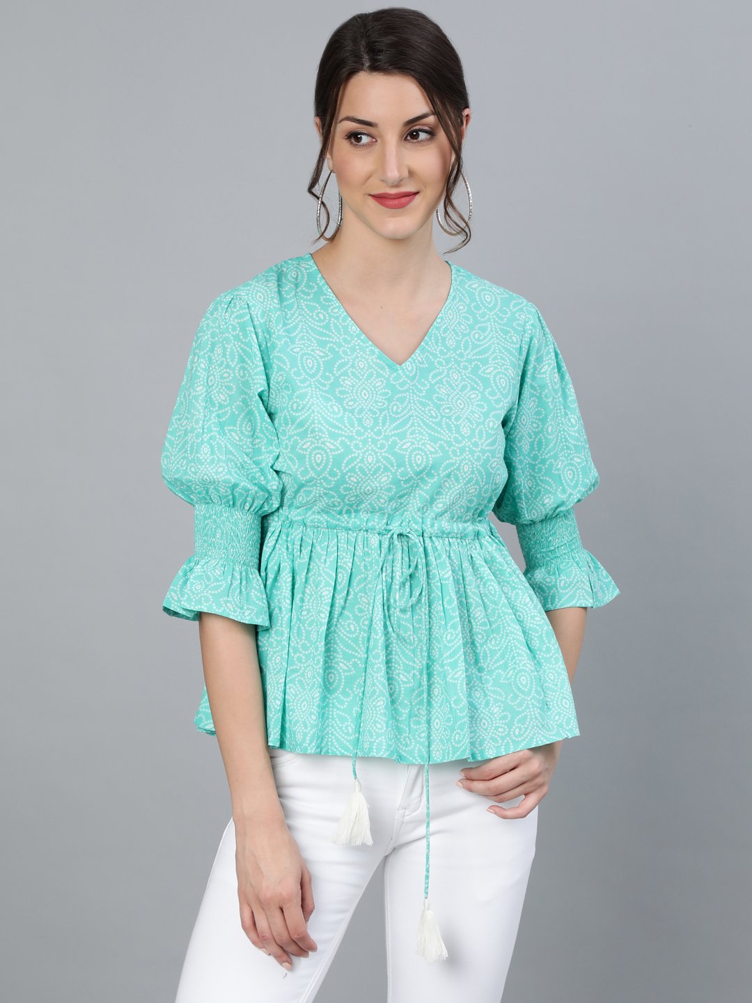 Women Sea Green & Off White Bandhani Printed Top With Three Quarter Sleeves | LASVINI - Redefining Indian Fashion with Elegance