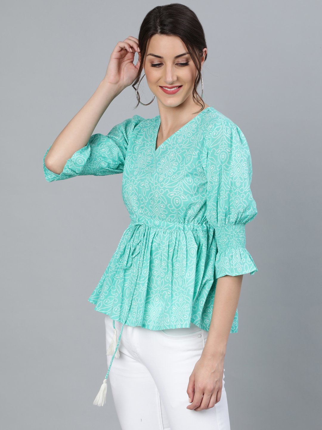 Women Sea Green & Off White Bandhani Printed Top With Three Quarter Sleeves | LASVINI - Redefining Indian Fashion with Elegance