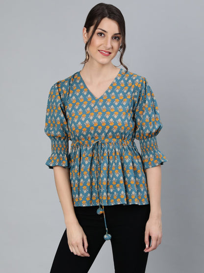 Women Teal Blue & Yellow Printed Top With V Neck & Three Quarter Sleeves | LASVINI - Redefining Indian Fashion with Elegance