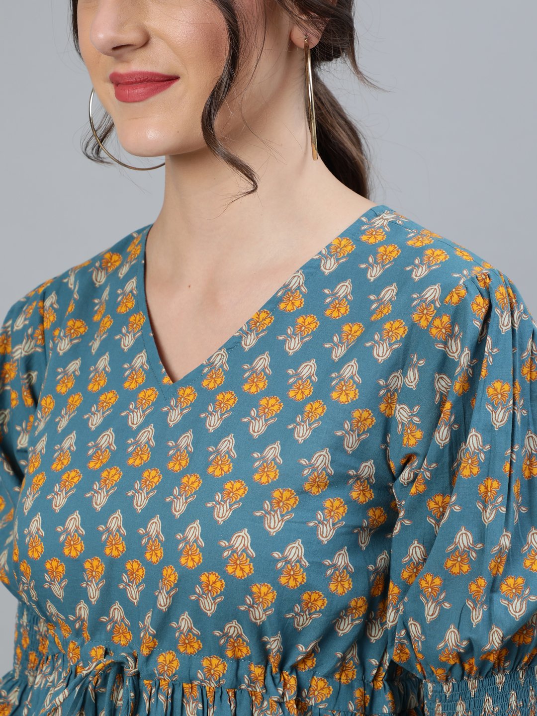 Women Teal Blue & Yellow Printed Top With V Neck & Three Quarter Sleeves | LASVINI - Redefining Indian Fashion with Elegance