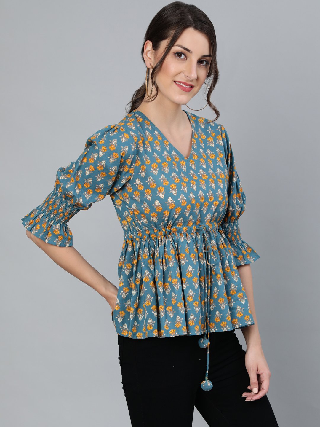Women Teal Blue & Yellow Printed Top With V Neck & Three Quarter Sleeves | LASVINI - Redefining Indian Fashion with Elegance