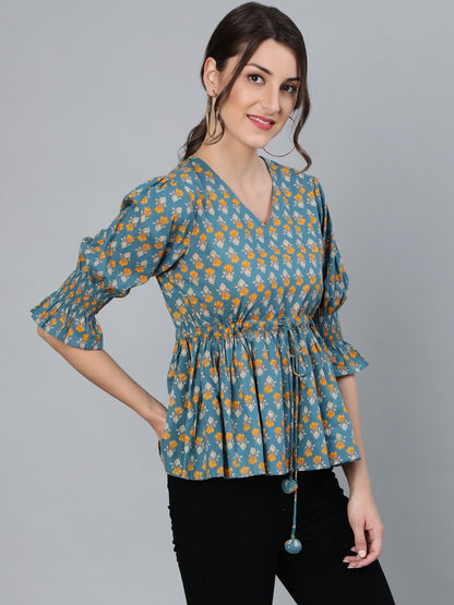 Women Teal Blue & Yellow Printed Top With V Neck & Three Quarter Sleeves | LASVINI - Redefining Indian Fashion with Elegance