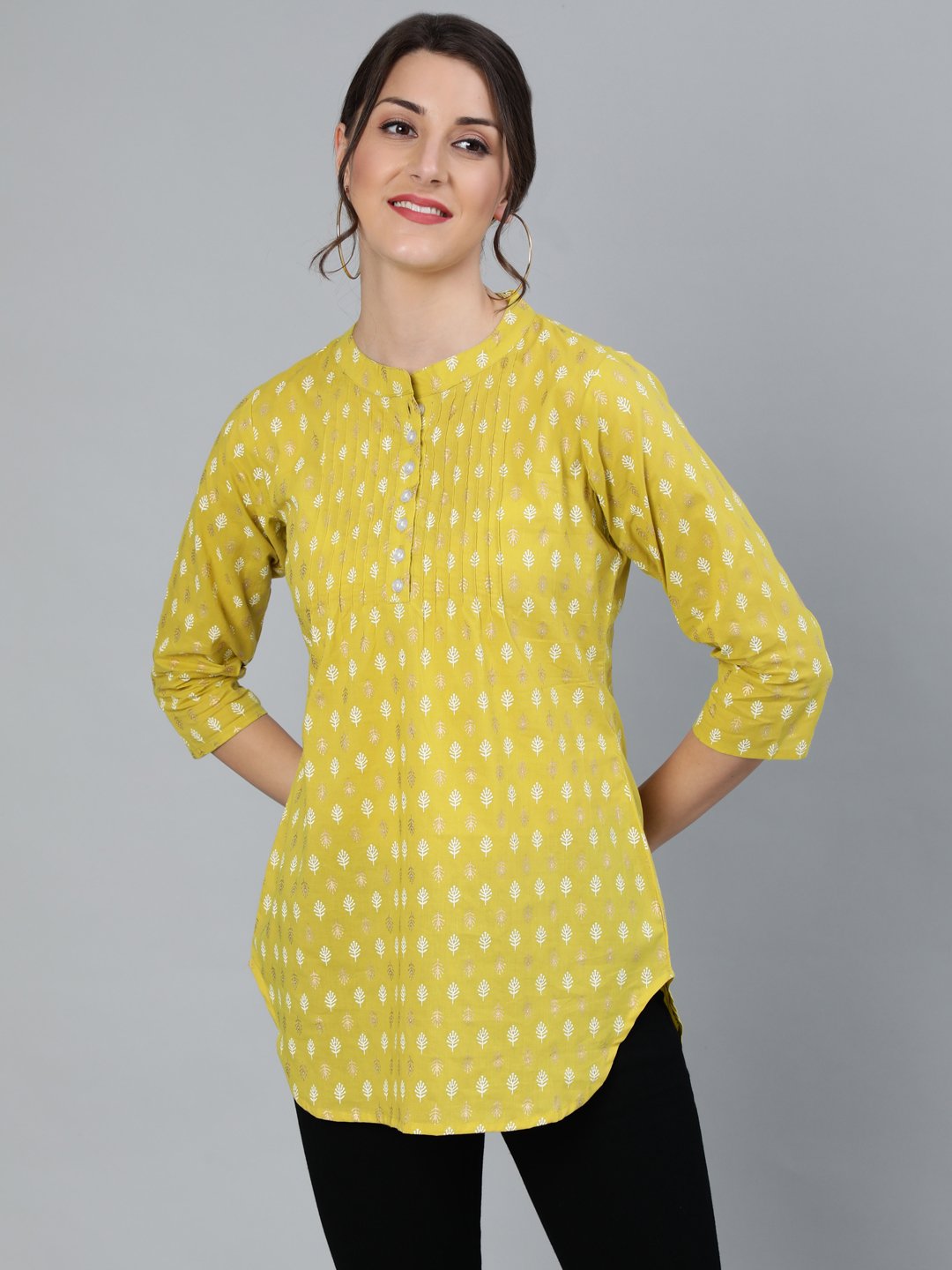 Women Green Printed Tunic With Mandarin Collar & Three Quarter Sleeves | LASVINI - Redefining Indian Fashion with Elegance