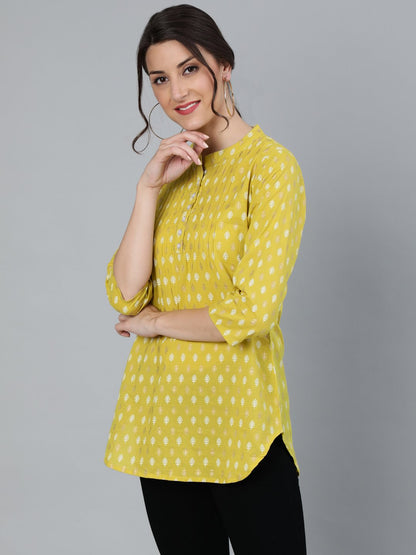 Women Green Printed Tunic With Mandarin Collar & Three Quarter Sleeves | LASVINI - Redefining Indian Fashion with Elegance