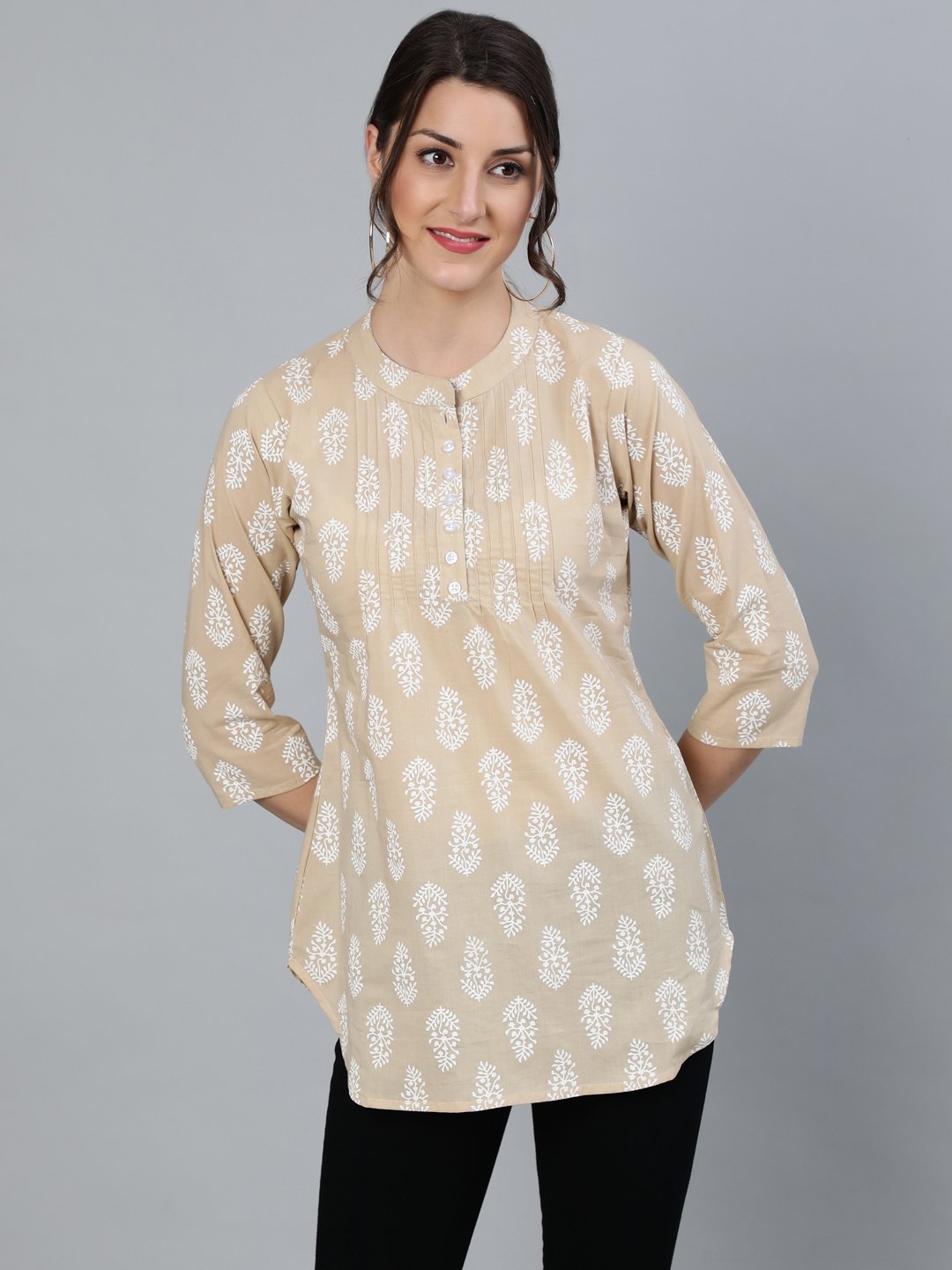 Women Beige & White Printed Tunic With Mandarin Collar & Three Quarter Sleeves | LASVINI - Redefining Indian Fashion with Elegance