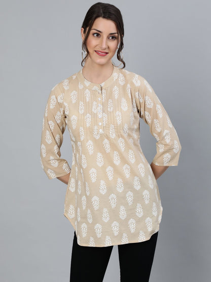 Women Beige & White Printed Tunic With Mandarin Collar & Three Quarter Sleeves | LASVINI - Redefining Indian Fashion with Elegance
