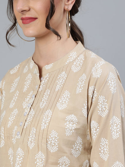Women Beige & White Printed Tunic With Mandarin Collar & Three Quarter Sleeves | LASVINI - Redefining Indian Fashion with Elegance