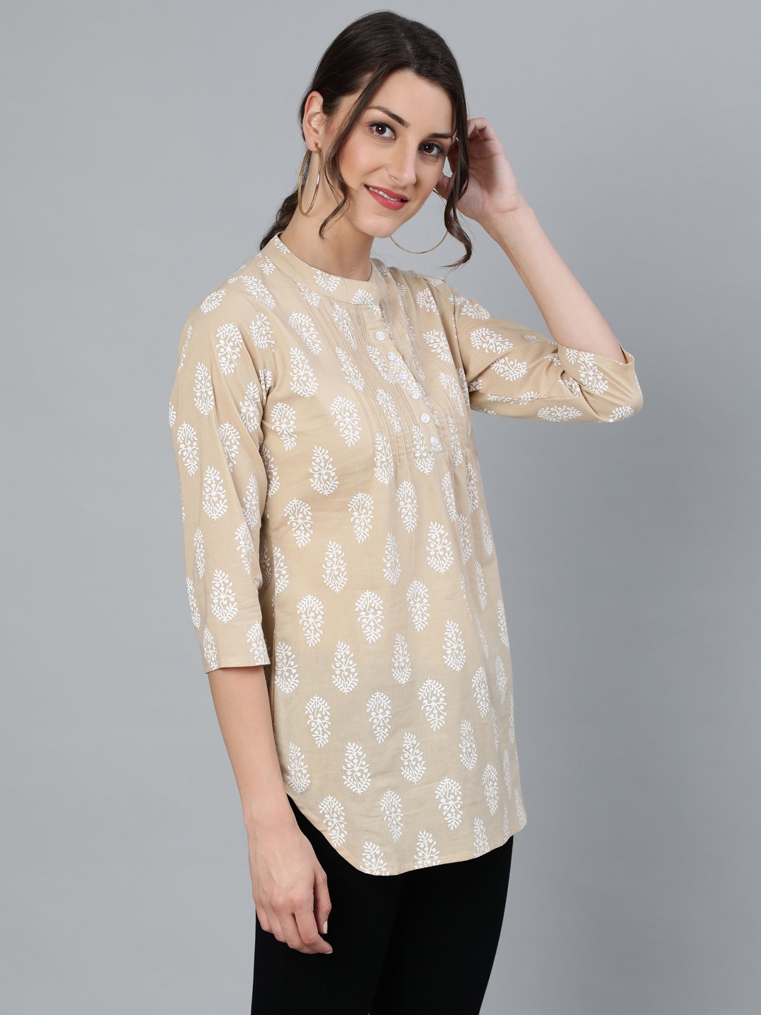 Women Beige & White Printed Tunic With Mandarin Collar & Three Quarter Sleeves | LASVINI - Redefining Indian Fashion with Elegance