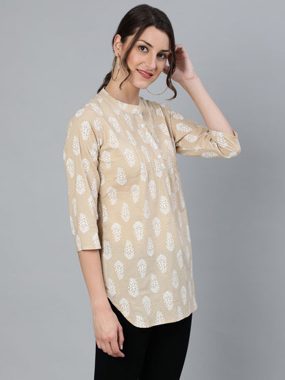 Women Beige & White Printed Tunic With Mandarin Collar & Three Quarter Sleeves | LASVINI - Redefining Indian Fashion with Elegance