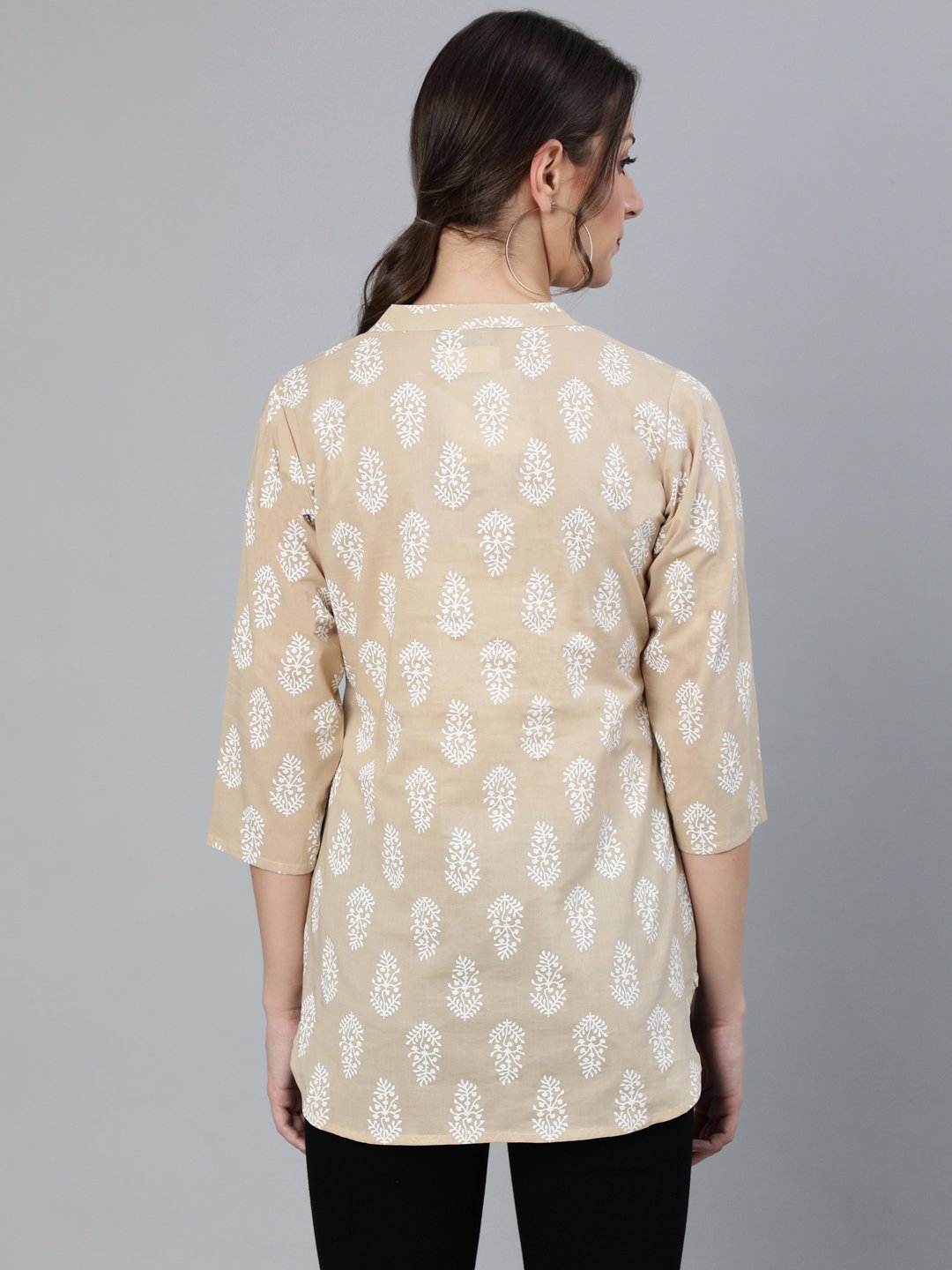 Women Beige & White Printed Tunic With Mandarin Collar & Three Quarter Sleeves | LASVINI - Redefining Indian Fashion with Elegance