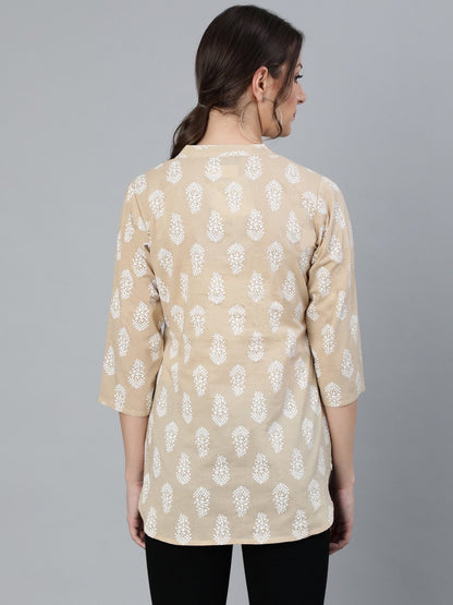 Women Beige & White Printed Tunic With Mandarin Collar & Three Quarter Sleeves | LASVINI - Redefining Indian Fashion with Elegance