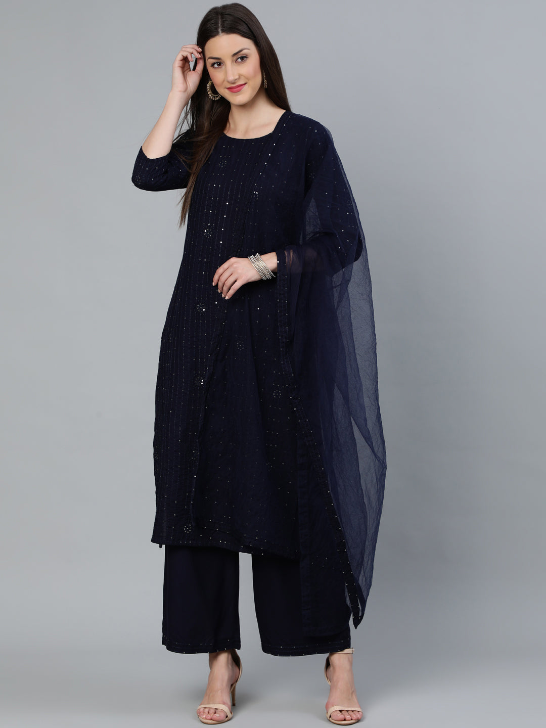 Women Navy Blue Sequence Embroidered Straight Kurta Plazzo With Net Dupatta | LASVINI - Redefining Indian Fashion with Elegance
