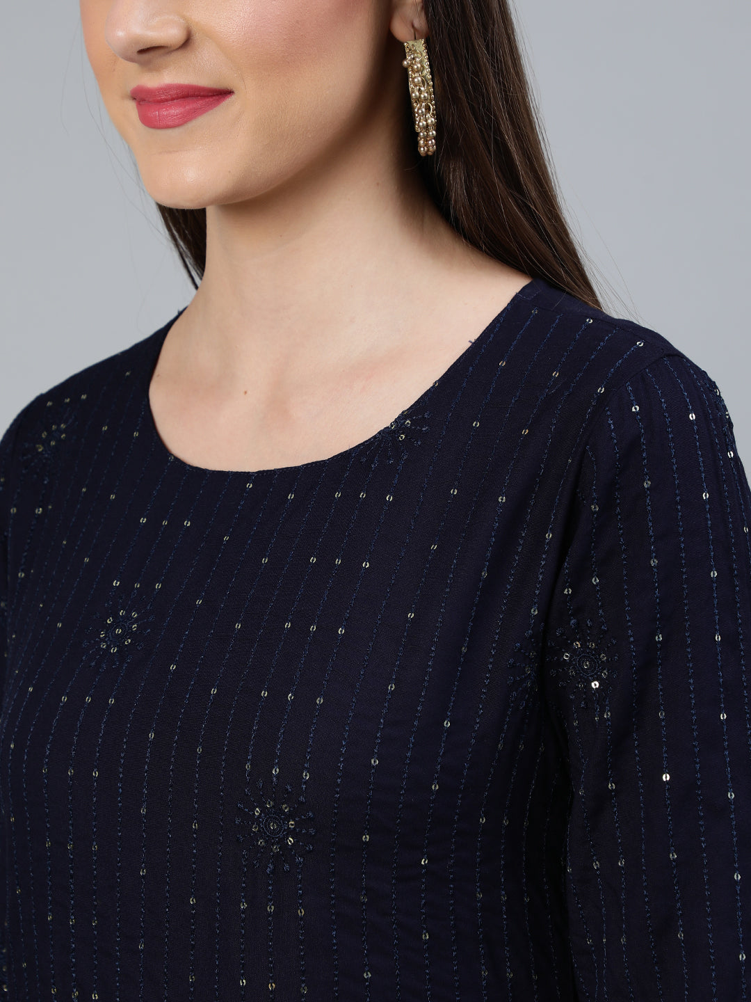 Women Navy Blue Sequence Embroidered Straight Kurta Plazzo With Net Dupatta | LASVINI - Redefining Indian Fashion with Elegance