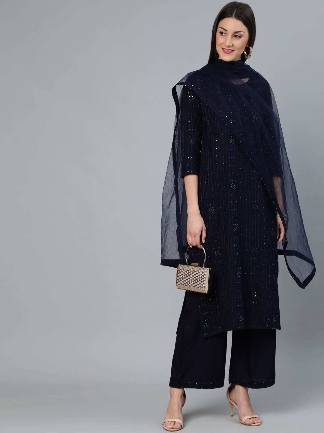 Women Navy Blue Sequence Embroidered Straight Kurta Plazzo With Net Dupatta | LASVINI - Redefining Indian Fashion with Elegance