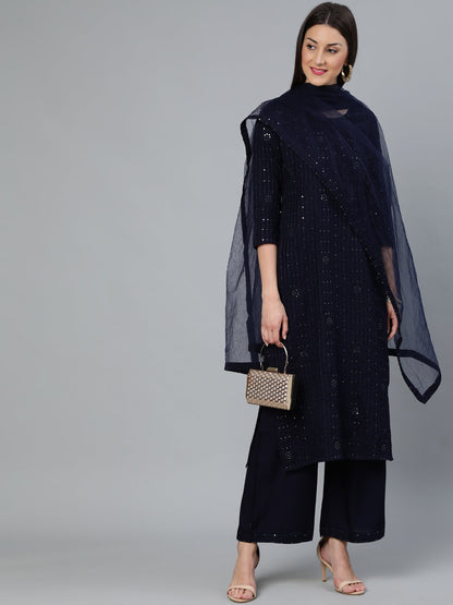Women Navy Blue Sequence Embroidered Straight Kurta Plazzo With Net Dupatta | LASVINI - Redefining Indian Fashion with Elegance