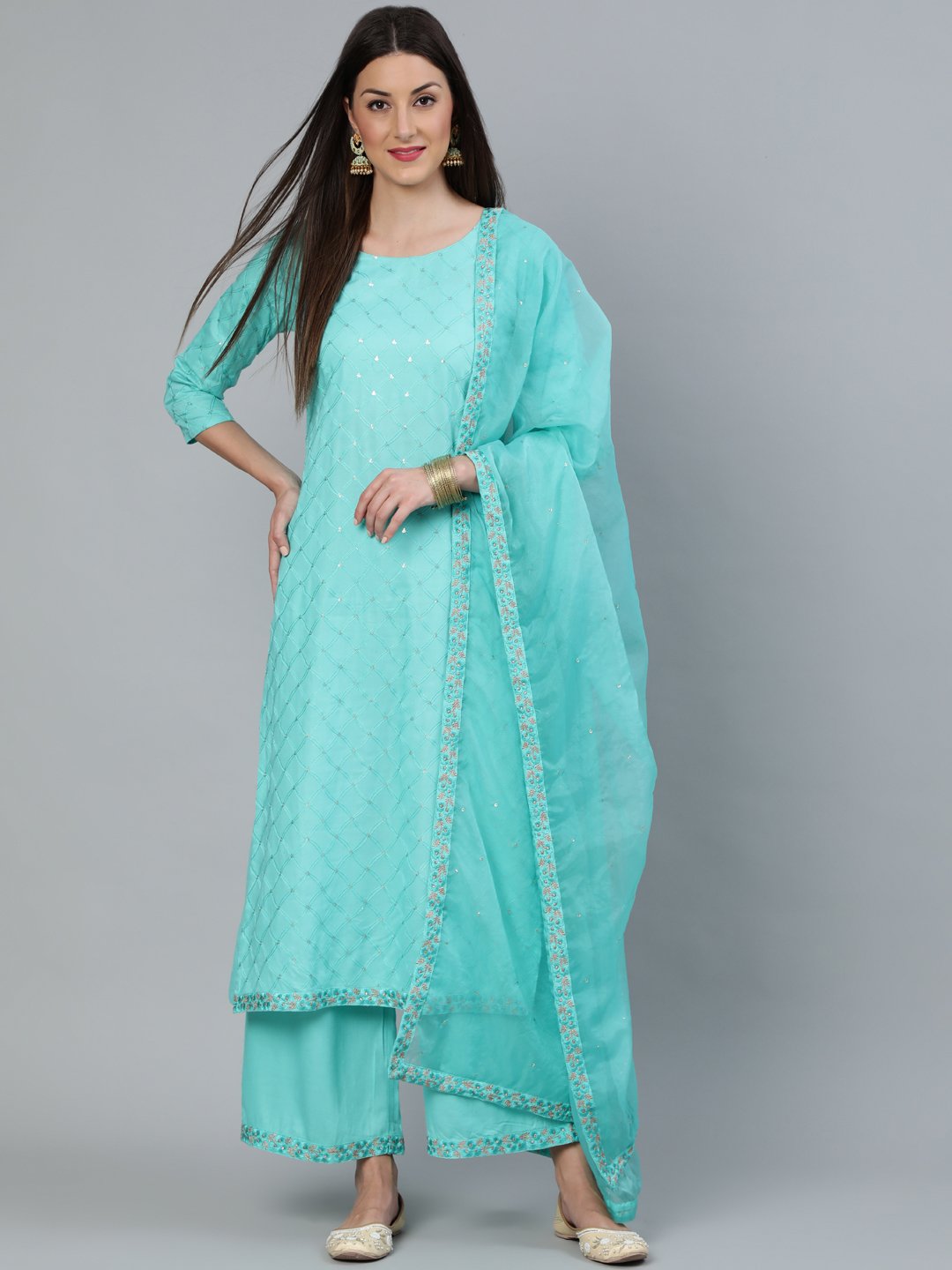Women Turquoise Blue Sequence Embroidered Straight Kurta Plazzo With Net Dupatta | LASVINI - Redefining Indian Fashion with Elegance