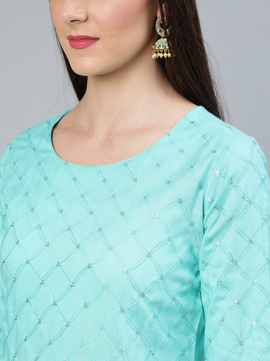 Women Turquoise Blue Sequence Embroidered Straight Kurta Plazzo With Net Dupatta | LASVINI - Redefining Indian Fashion with Elegance