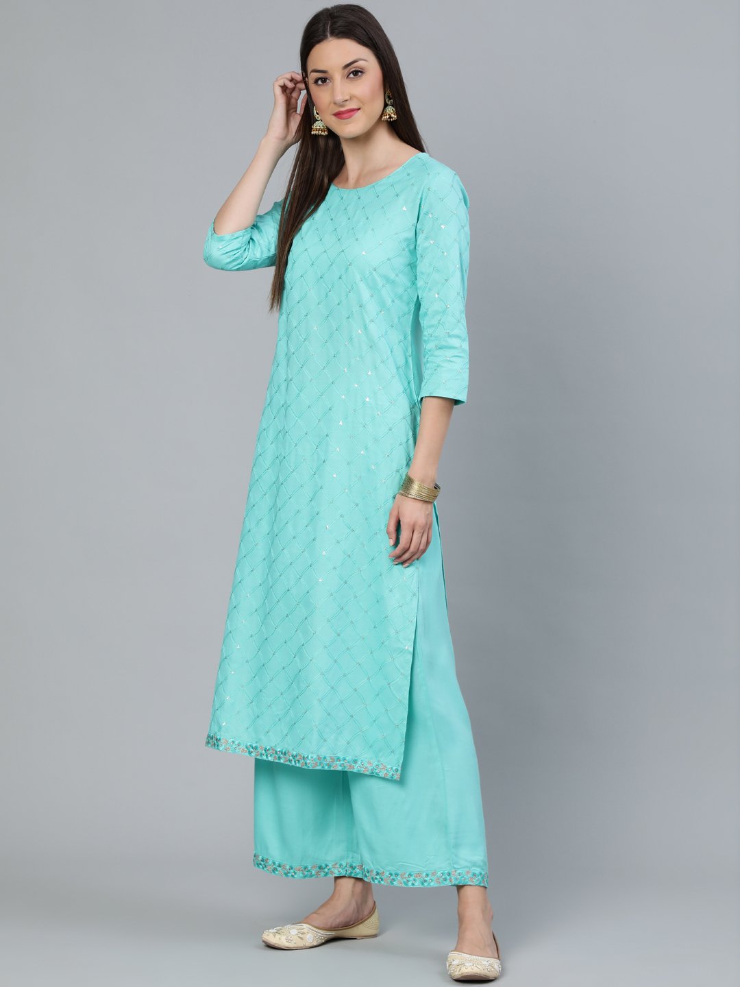 Women Turquoise Blue Sequence Embroidered Straight Kurta Plazzo With Net Dupatta | LASVINI - Redefining Indian Fashion with Elegance