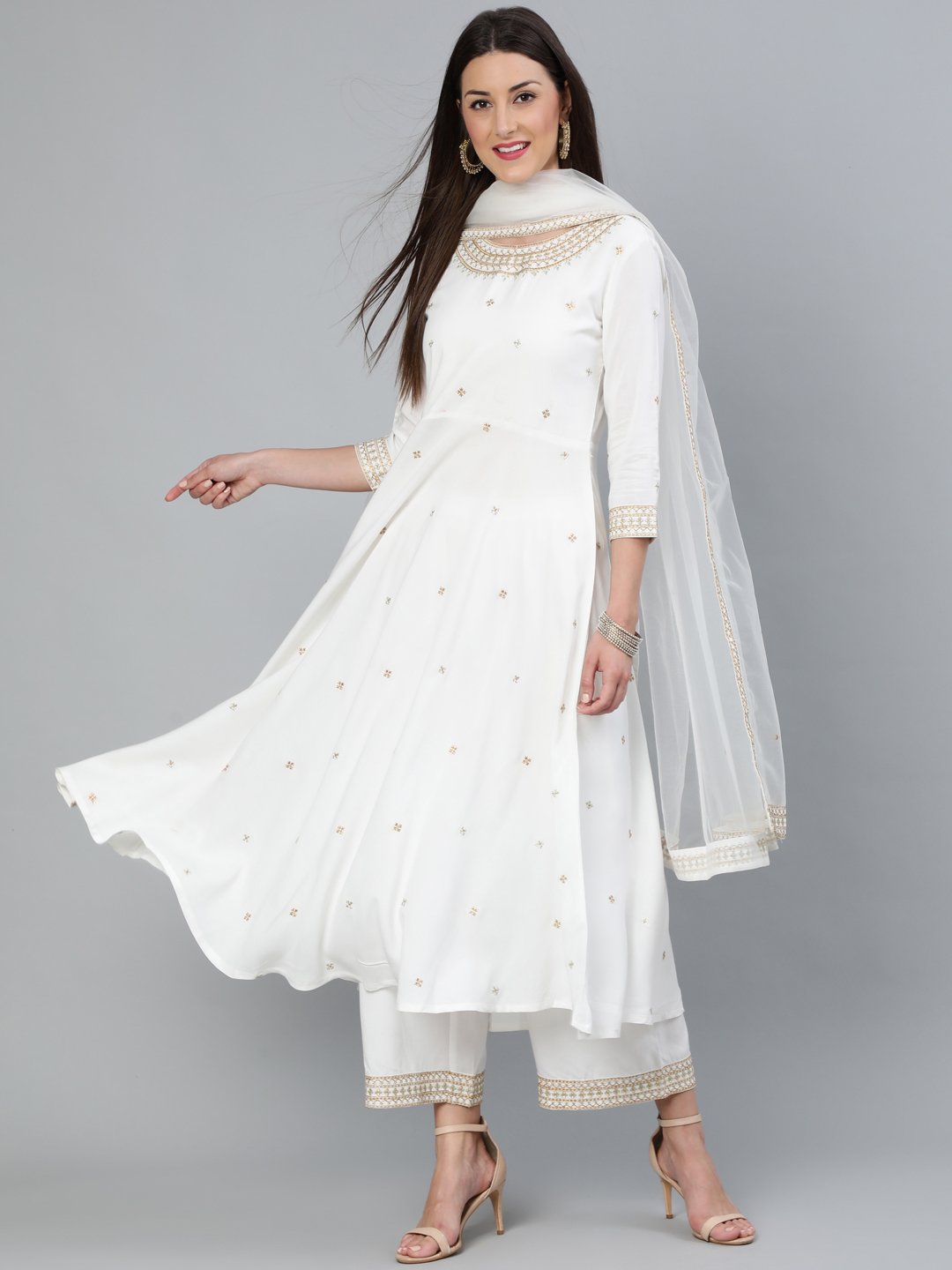 Women Off-White Gold Embroidered Flared Kurta Plazzo With Net Dupatta | LASVINI - Redefining Indian Fashion with Elegance