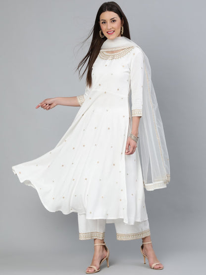 Women Off-White Gold Embroidered Flared Kurta Plazzo With Net Dupatta | LASVINI - Redefining Indian Fashion with Elegance