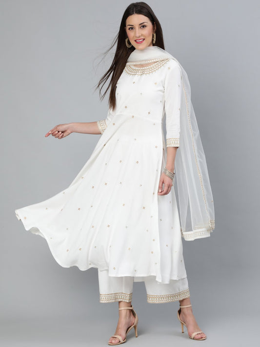 Women Off-White Gold Embroidered Flared Kurta Plazzo With Net Dupatta | LASVINI - Redefining Indian Fashion with Elegance