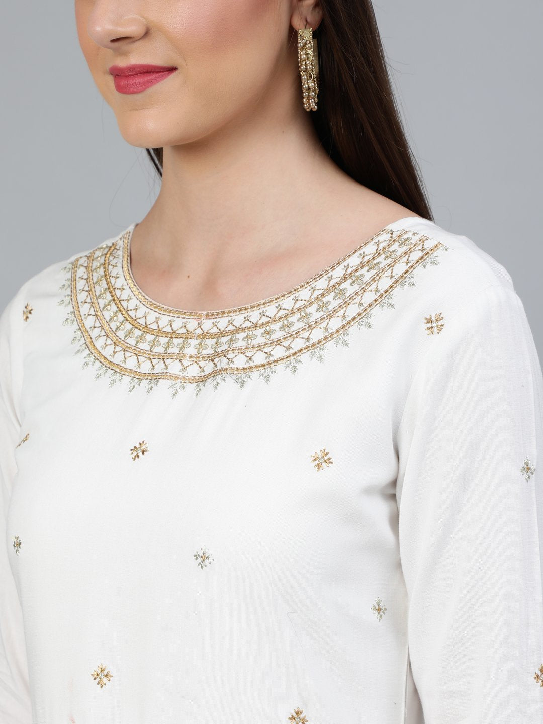 Women Off-White Gold Embroidered Flared Kurta Plazzo With Net Dupatta | LASVINI - Redefining Indian Fashion with Elegance