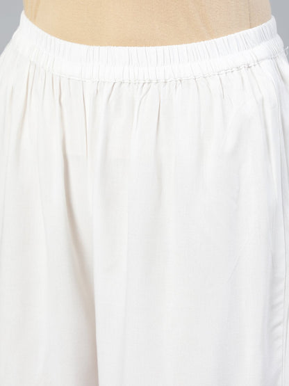 Women Off-White Gold Embroidered Flared Kurta Plazzo With Net Dupatta | LASVINI - Redefining Indian Fashion with Elegance