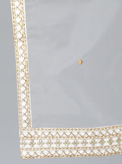 Women Off-White Gold Embroidered Flared Kurta Plazzo With Net Dupatta | LASVINI - Redefining Indian Fashion with Elegance