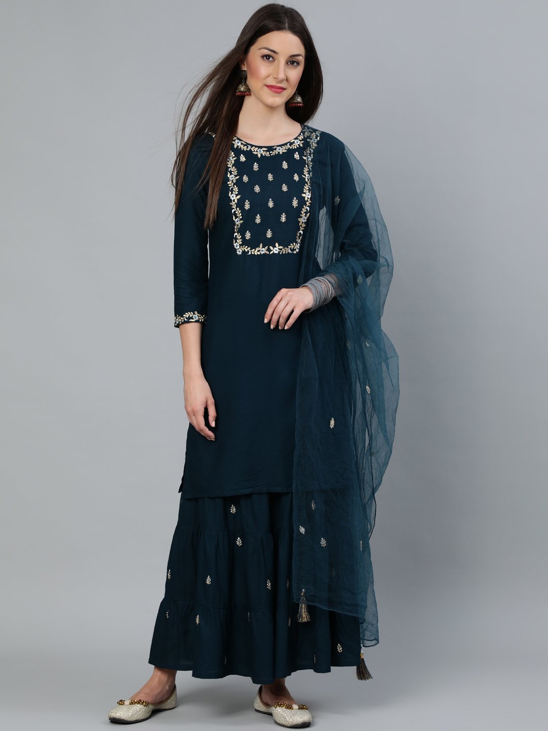 Women Teal Blue Gold Embroidered Straight Kurta With Tired Sharara & Organza Dupatta | LASVINI - Redefining Indian Fashion with Elegance