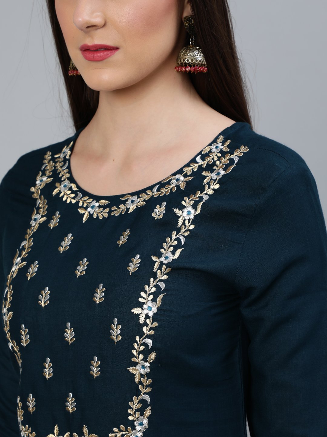 Women Teal Blue Gold Embroidered Straight Kurta With Tired Sharara & Organza Dupatta | LASVINI - Redefining Indian Fashion with Elegance