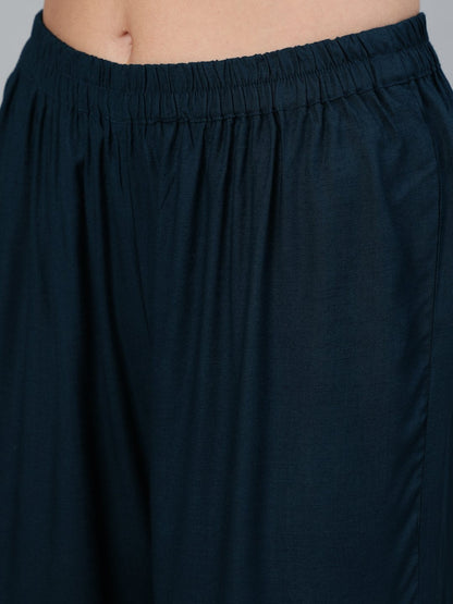 Women Teal Blue Gold Embroidered Straight Kurta With Tired Sharara & Organza Dupatta | LASVINI - Redefining Indian Fashion with Elegance