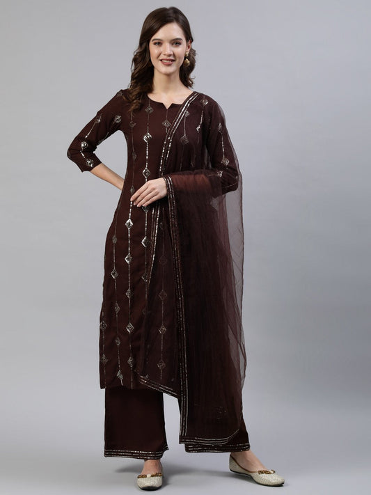 Women Dark Brown Sequence Straight Kurta Plazzo & Net Dupatta | LASVINI - Redefining Indian Fashion with Elegance