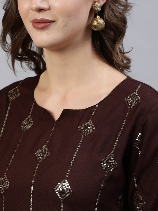 Women Dark Brown Sequence Straight Kurta Plazzo & Net Dupatta | LASVINI - Redefining Indian Fashion with Elegance