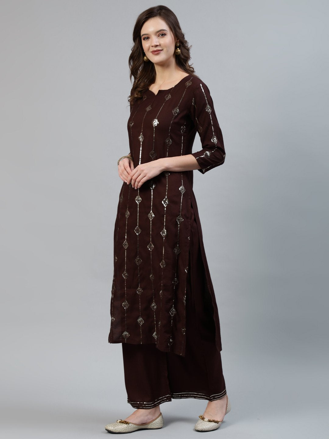 Women Dark Brown Sequence Straight Kurta Plazzo & Net Dupatta | LASVINI - Redefining Indian Fashion with Elegance