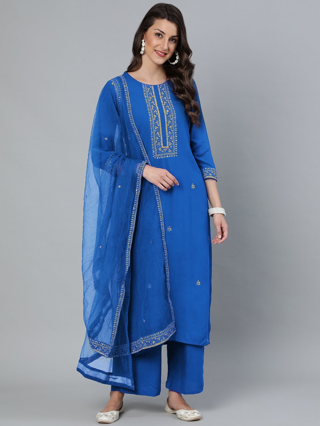 Women Teal Blue Sequence Embroidered Straight Kurta Plazzo & Net Dupatta | LASVINI - Redefining Indian Fashion with Elegance