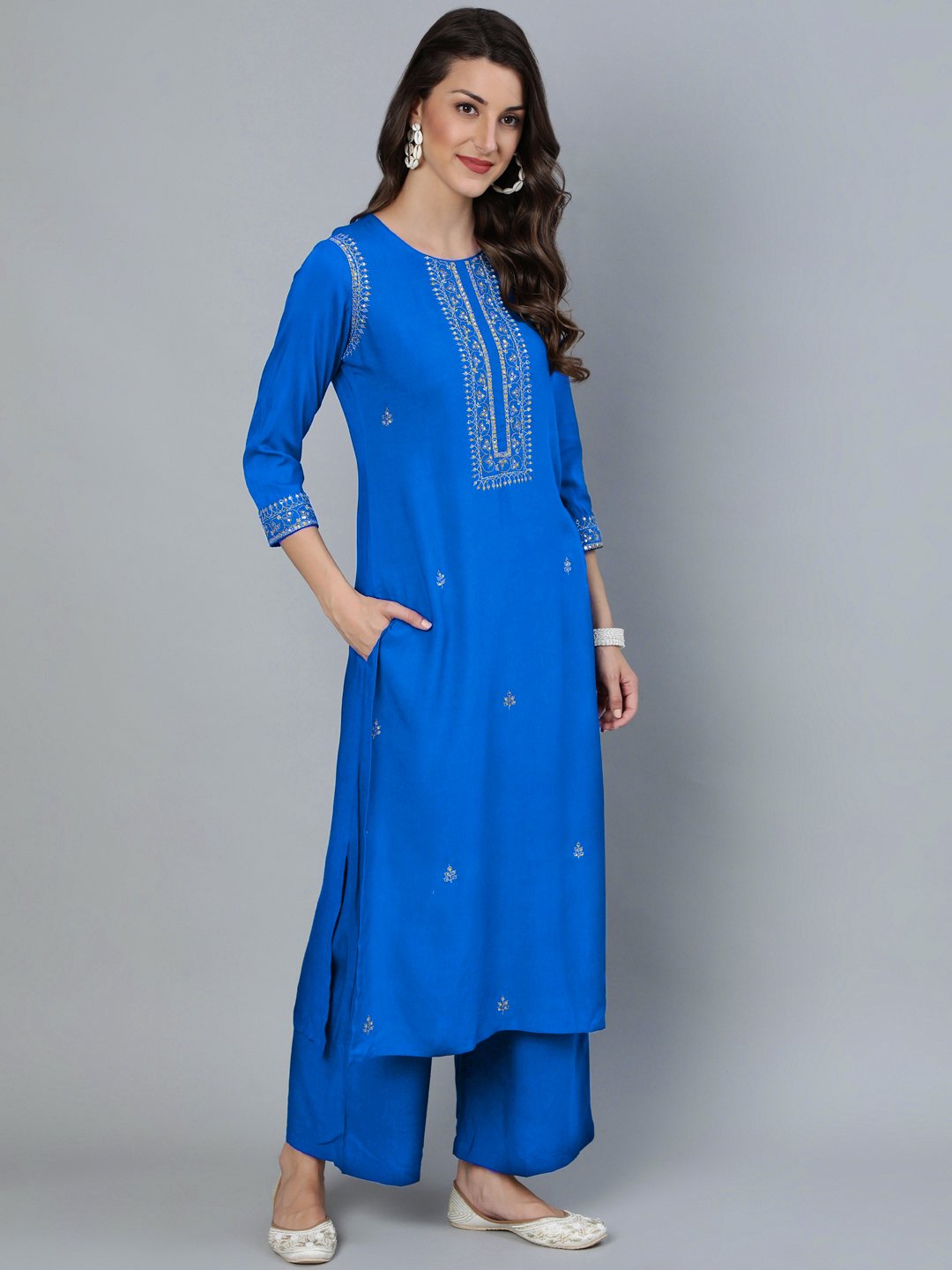 Women Teal Blue Sequence Embroidered Straight Kurta Plazzo & Net Dupatta | LASVINI - Redefining Indian Fashion with Elegance