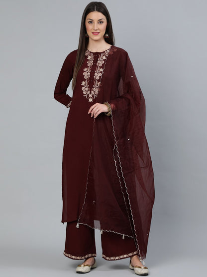 Women Coffee Brown Embroidered Straight Kurta Plazzo & Scalloped Dupatta | LASVINI - Redefining Indian Fashion with Elegance