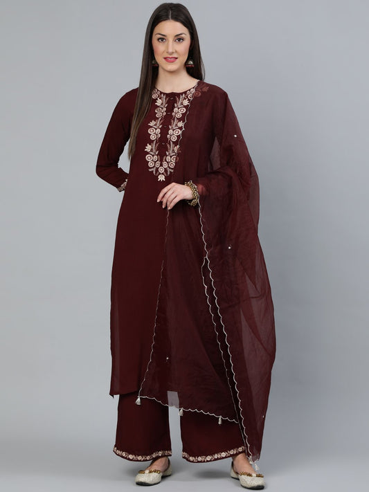 Women Coffee Brown Embroidered Straight Kurta Plazzo & Scalloped Dupatta | LASVINI - Redefining Indian Fashion with Elegance