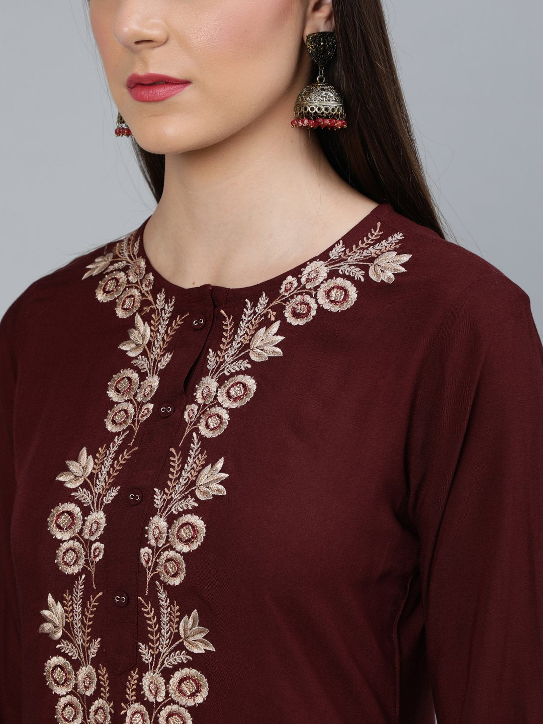 Women Coffee Brown Embroidered Straight Kurta Plazzo & Scalloped Dupatta | LASVINI - Redefining Indian Fashion with Elegance