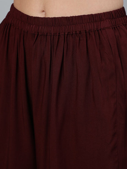 Women Coffee Brown Embroidered Straight Kurta Plazzo & Scalloped Dupatta | LASVINI - Redefining Indian Fashion with Elegance