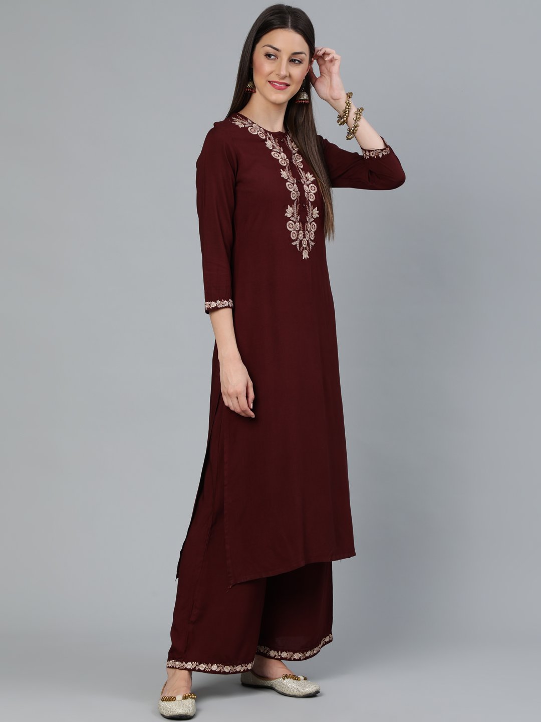 Women Coffee Brown Embroidered Straight Kurta Plazzo & Scalloped Dupatta | LASVINI - Redefining Indian Fashion with Elegance