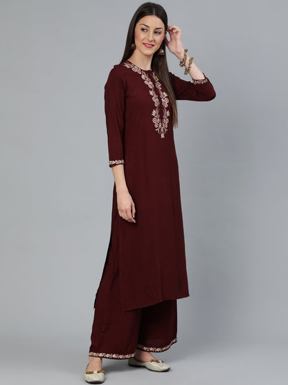 Women Coffee Brown Embroidered Straight Kurta Plazzo & Scalloped Dupatta | LASVINI - Redefining Indian Fashion with Elegance