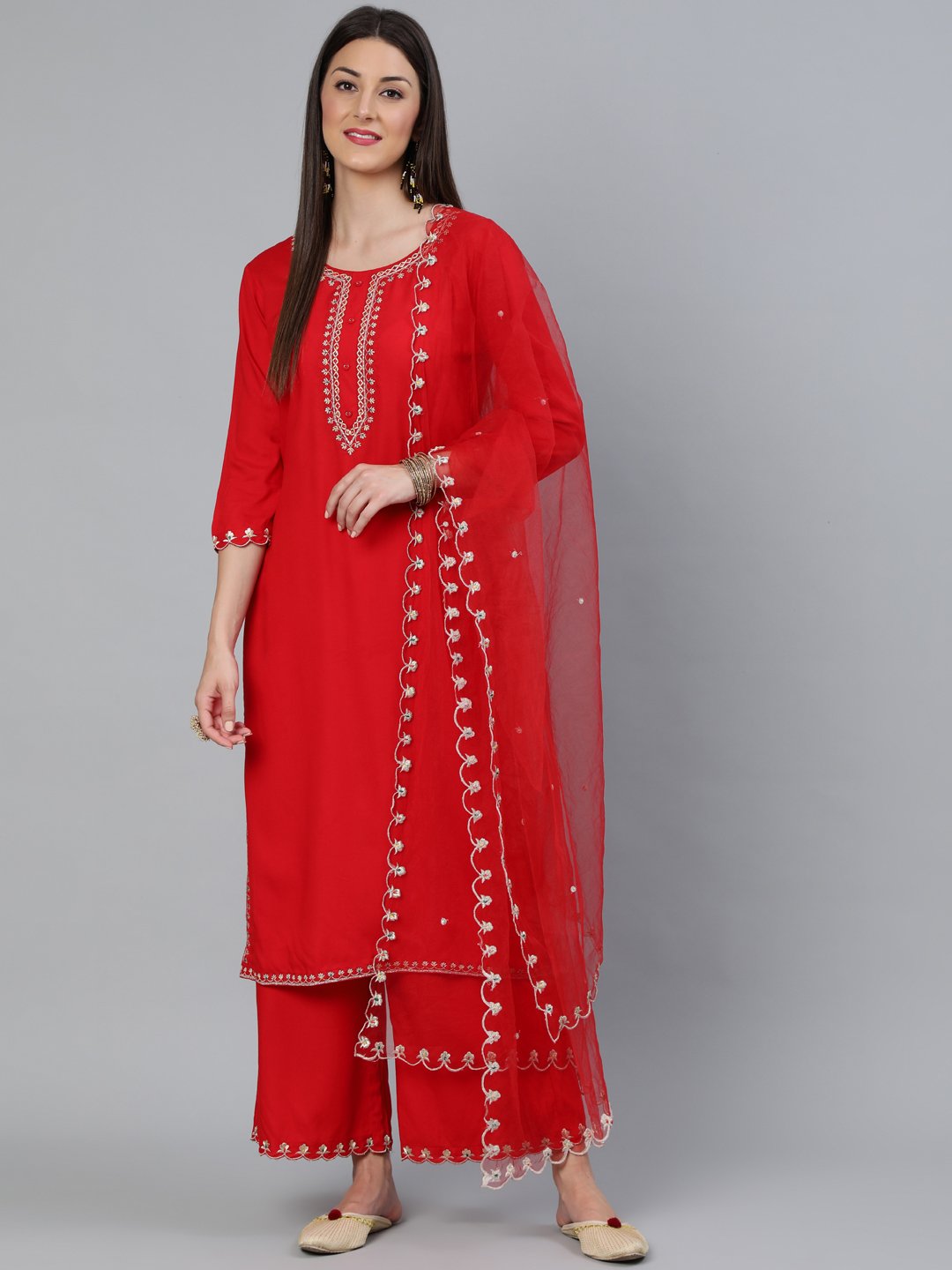 Women Red Embroidered Straight Kurta Plazzo & Scalloped Dupatta | LASVINI - Redefining Indian Fashion with Elegance