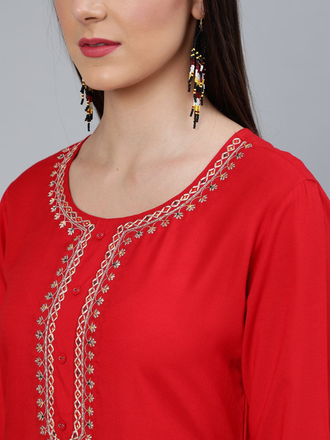 Women Red Embroidered Straight Kurta Plazzo & Scalloped Dupatta | LASVINI - Redefining Indian Fashion with Elegance
