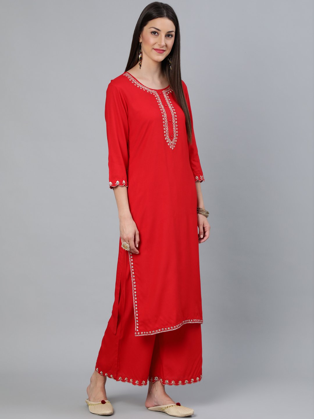 Women Red Embroidered Straight Kurta Plazzo & Scalloped Dupatta | LASVINI - Redefining Indian Fashion with Elegance